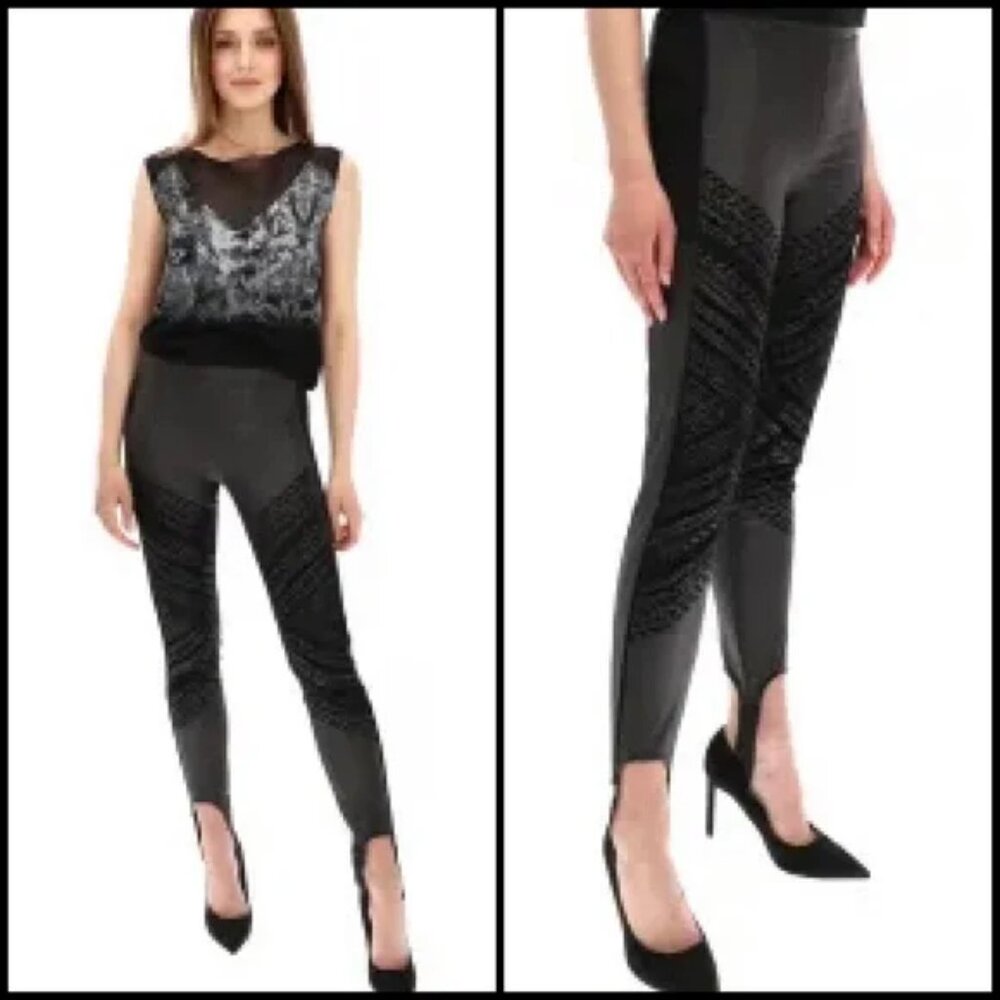 DESIGUAL Leggings Womens XS Black Faux Leather Geometric Stirrup‎ Pants Moto